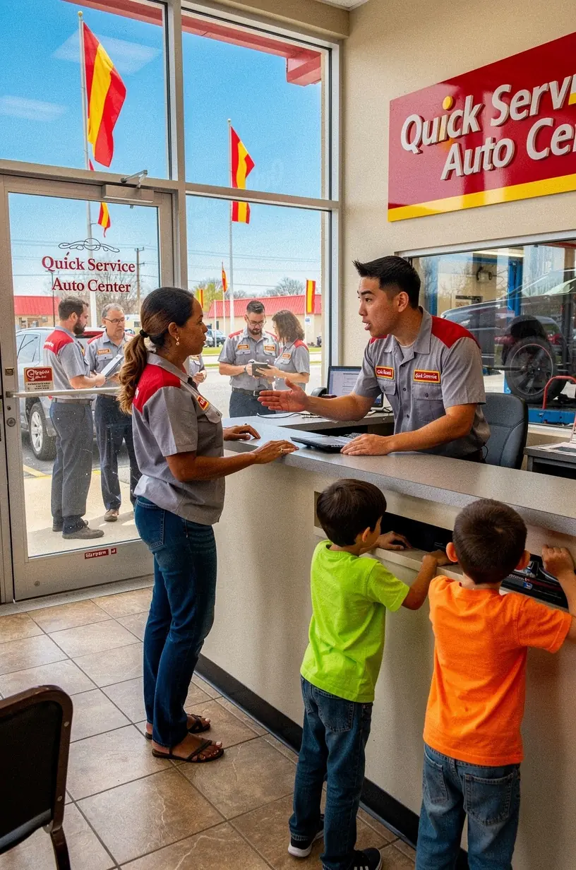Fahrzeug wird von Techniker bei routinemäßiger Inspektion auf Hebebühne überprüft