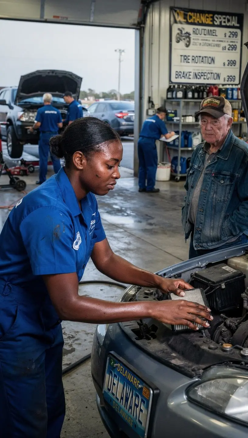 Techniker erklärt Kunde transparent die durchgeführten Wartungsarbeiten am Auto